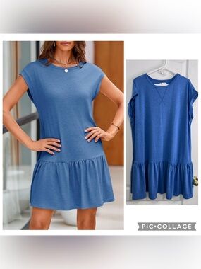 Wenrine Casual Blue Short Sleeve Ruffle Hem Dress size XXL
